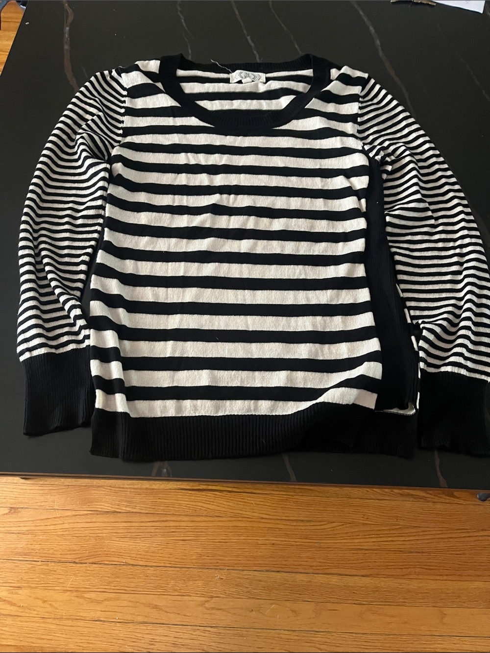 Pink Rose Black and White Striped Crewneck Sweater